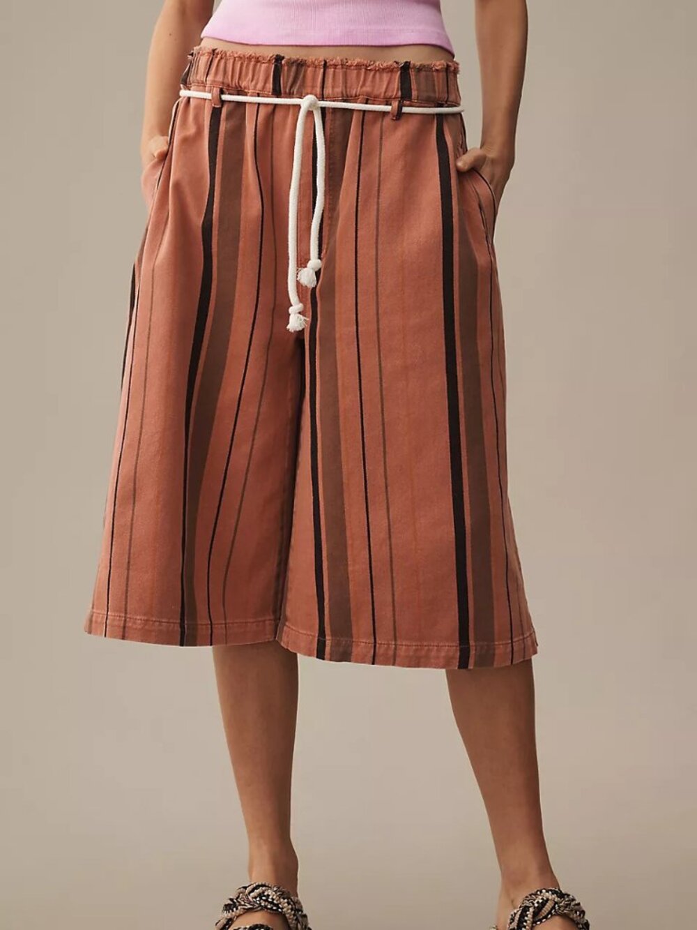 Pilcro Women's Muted Peach Cropped PJ Striped Rope Belt Wide-Leg Jeans Size L
